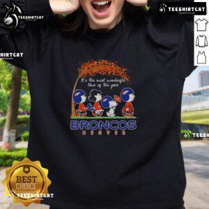 Good Snoopy and Friends X Broncos sweatshirt featuring autumn theme, perfect for Denver sports fans during the holidays.