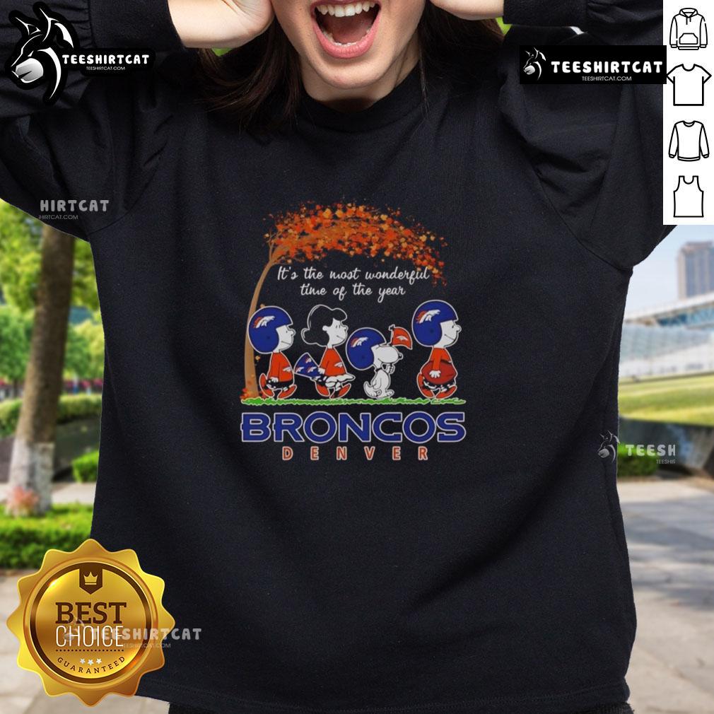 Good Snoopy and Friends X Broncos sweatshirt featuring autumn theme, perfect for Denver sports fans during the holidays.