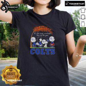 Alt Text: Good Snoopy and Friends X Indianapolis Colts Autumn ladies tee celebrating the most wonderful time of the year.