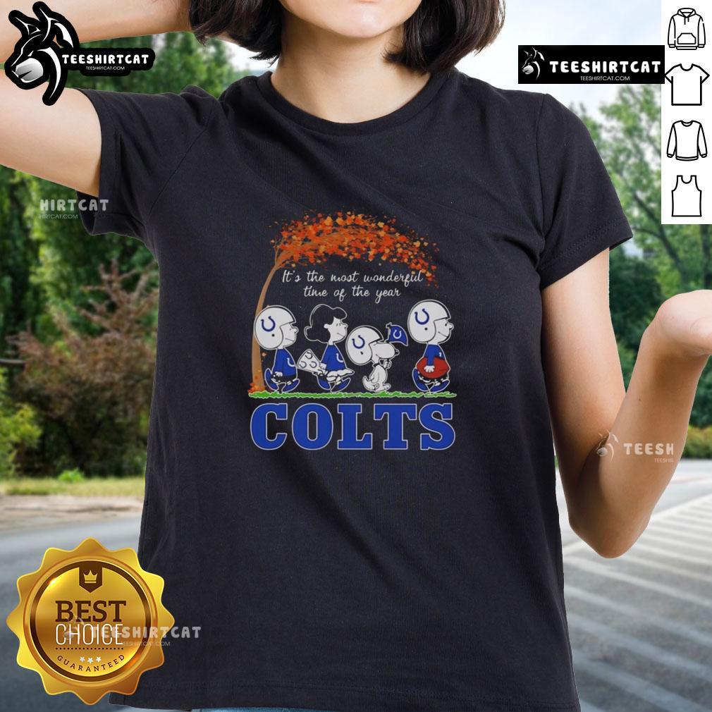Alt Text: Good Snoopy and Friends X Indianapolis Colts Autumn ladies tee celebrating the most wonderful time of the year.