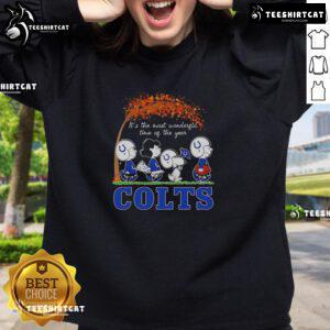Good Snoopy and Friends X Indianapolis Colts sweatshirt celebrating autumn with festive designs and team spirit.
