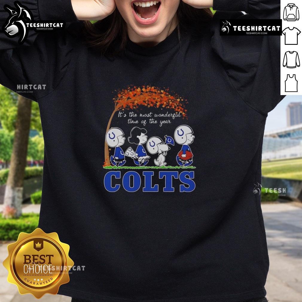 Good Snoopy and Friends X Indianapolis Colts sweatshirt celebrating autumn with festive designs and team spirit.