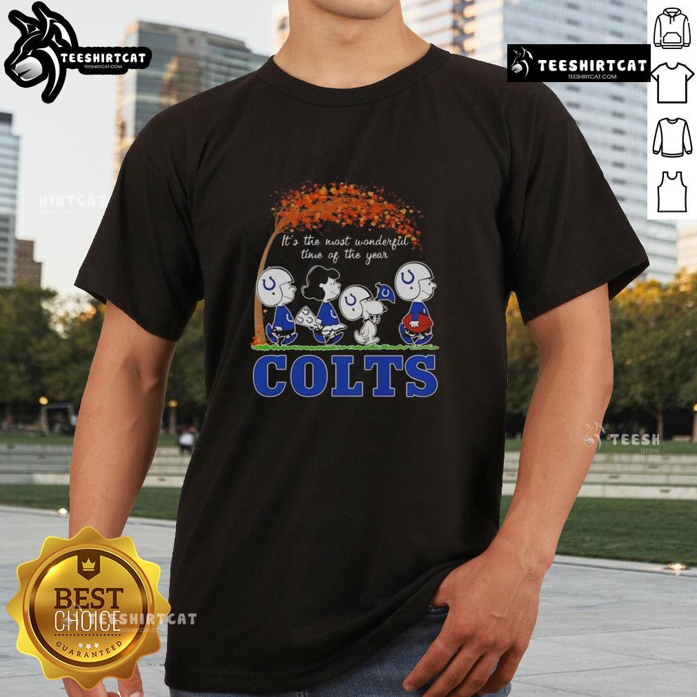 Good Snoopy And Friends X Indianapolis Colts autumn t-shirt featuring festive design for football fans celebrating the season.