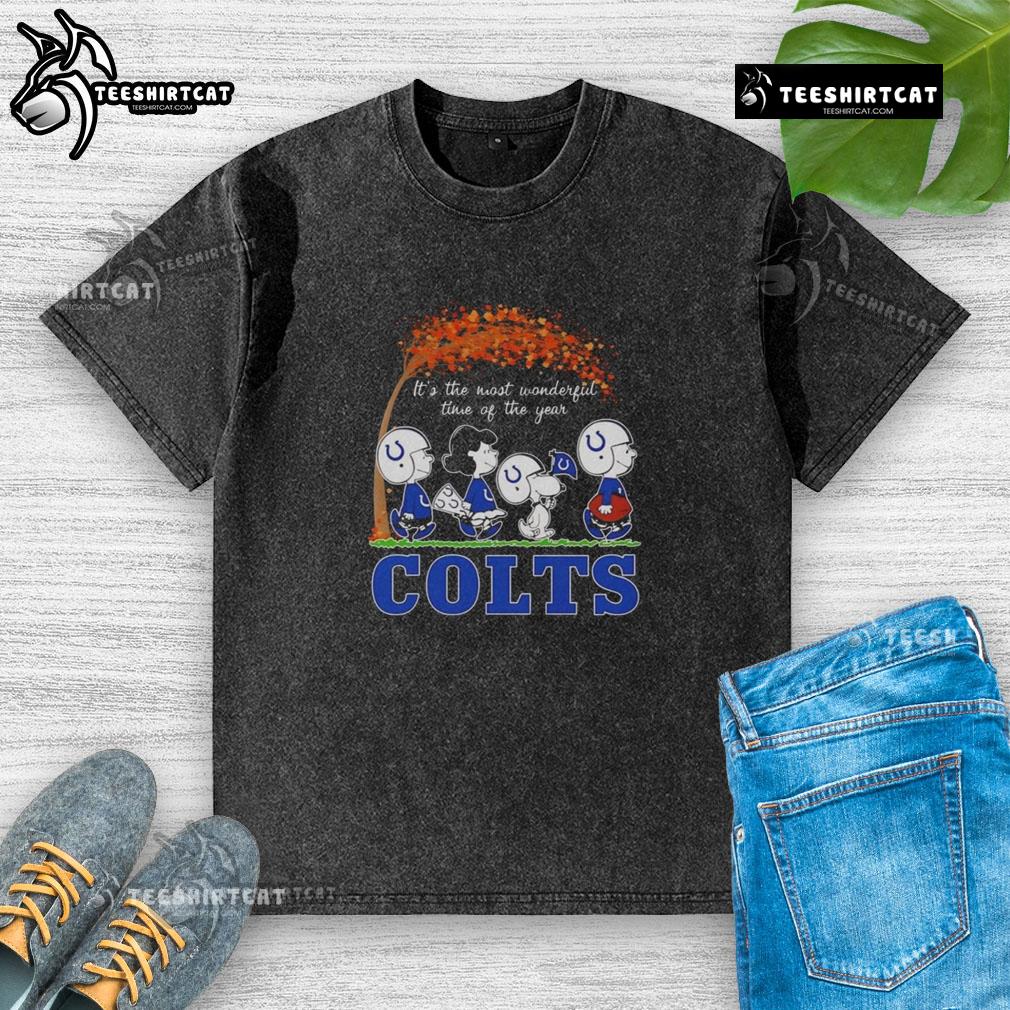 Alt Text: Good Snoopy and Friends X Indianapolis Colts autumn washed t-shirt, perfect for sports fans celebrating the season.