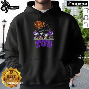 Alt Text: Cozy autumn hoodie featuring Snoopy and friends supporting TCU Horned Frogs sports team, perfect for fall celebrations.