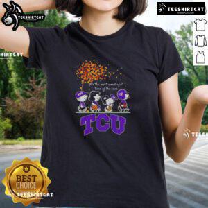 Good Snoopy and Friends TCU Horned Frogs autumn ladies tee, celebrating the most wonderful time of the year.