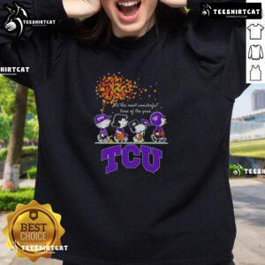 Good Snoopy and Friends TCU Horned Frogs sweatshirt celebrating autumn sports season, perfect for fans and cozy wear.
