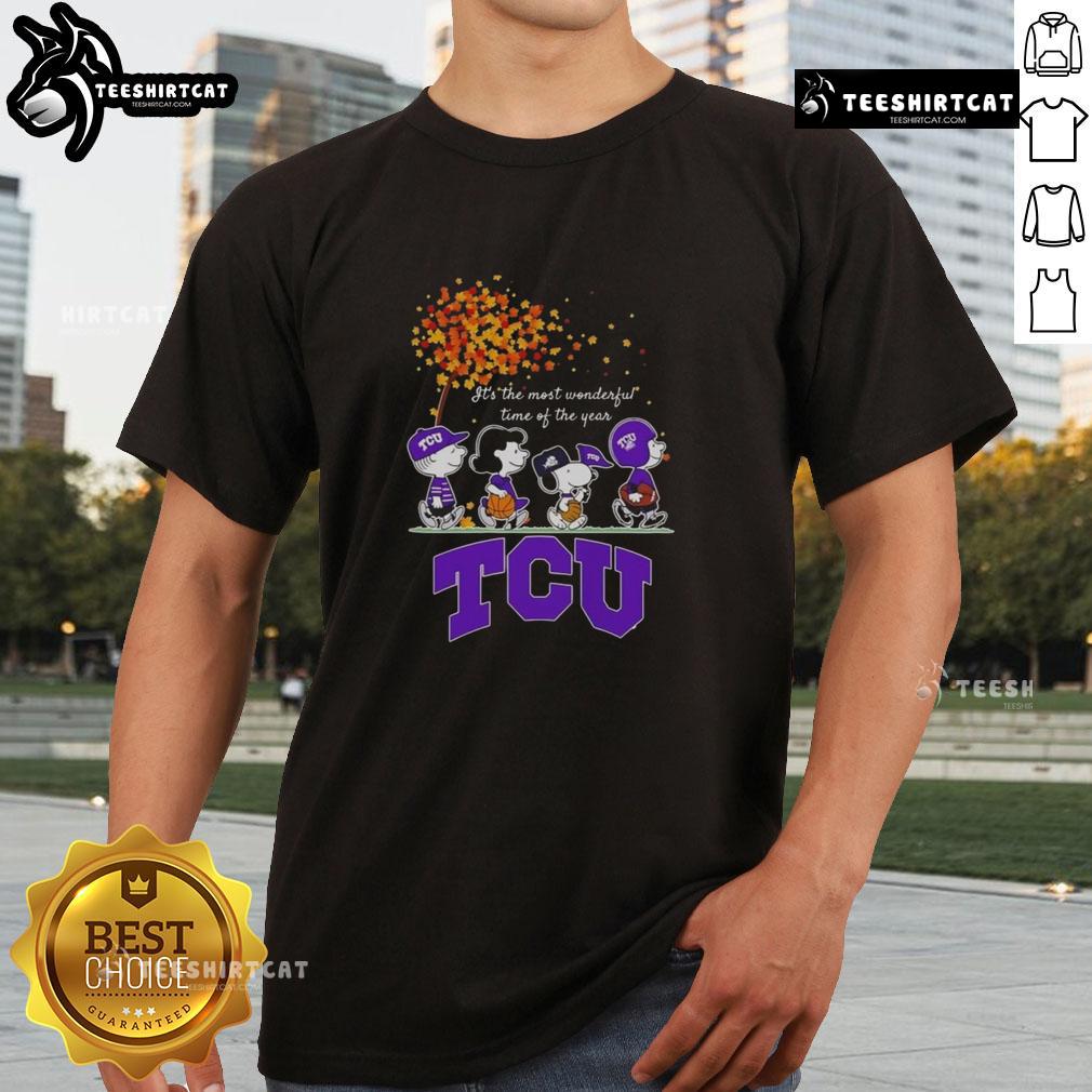 Good Snoopy and Friends X TCU Horned Frogs autumn T-shirt celebrating the sports season's joyful vibes.