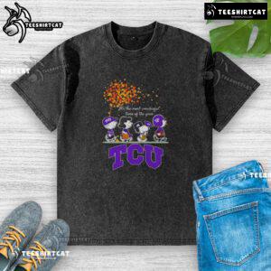 Good Snoopy and Friends TCU Horned Frogs autumn t-shirt featuring festive design for sports fans.