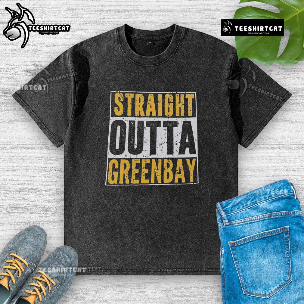 Alt Text: Good Straight Outta Green Bay Packers washed t-shirt featuring bold team logo and casual style for fans.