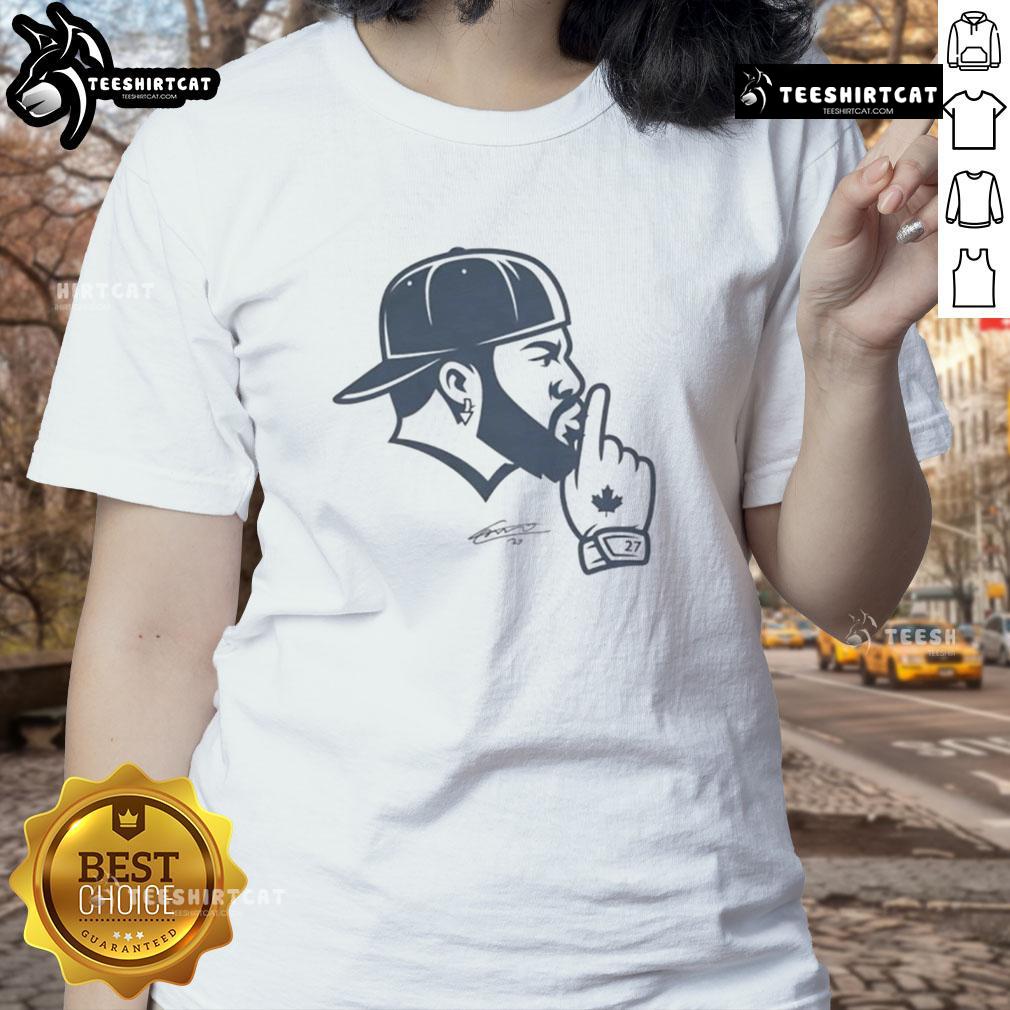 Alt Text: Vladimir Guerrero Jr. 'Good Vladdy Shush' graphic on a Toronto Blue Jays ladies tee, perfect for fans.