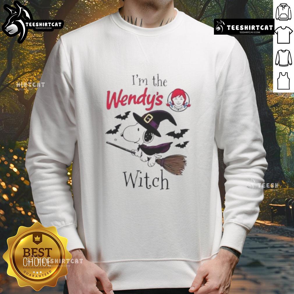 Good Wendy's x Snoopy I'm the Witch Halloween sweatshirt featuring vibrant graphics for festive fall fashion.