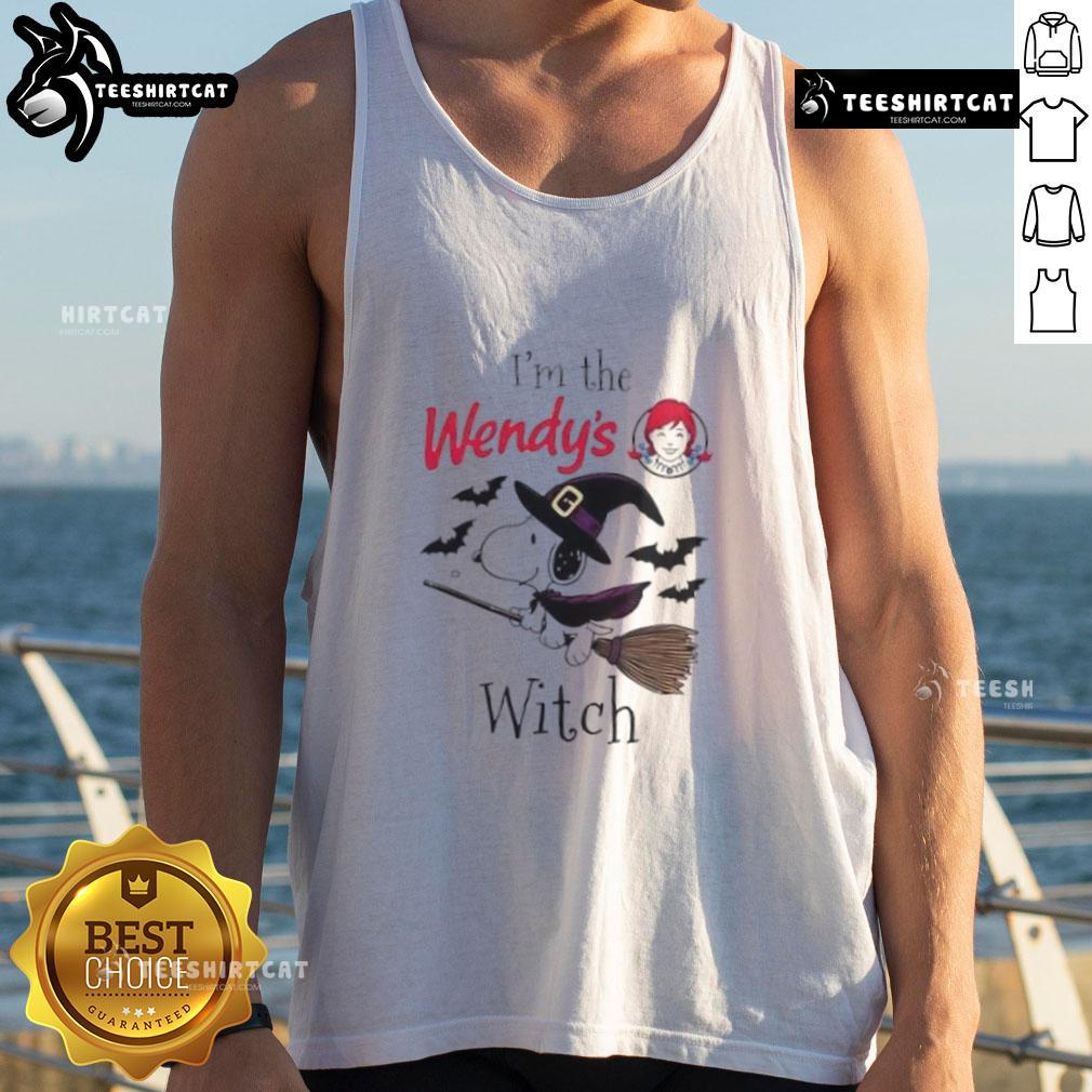 Good Wendy's X Snoopy I'm The Witch Halloween tank top featuring playful design, perfect for festive fall celebrations.
