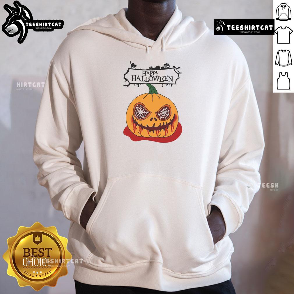 Happy Halloween scary pumpkin horror hoodie design featuring a spooky pumpkin and festive elements for Halloween.