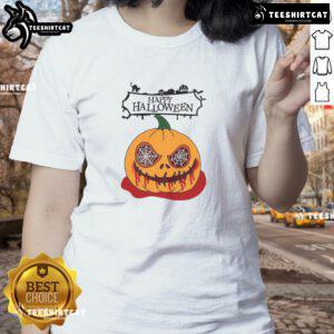 Happy Halloween scary pumpkin horror ladies tee featuring a vibrant pumpkin graphic perfect for spooky celebrations.