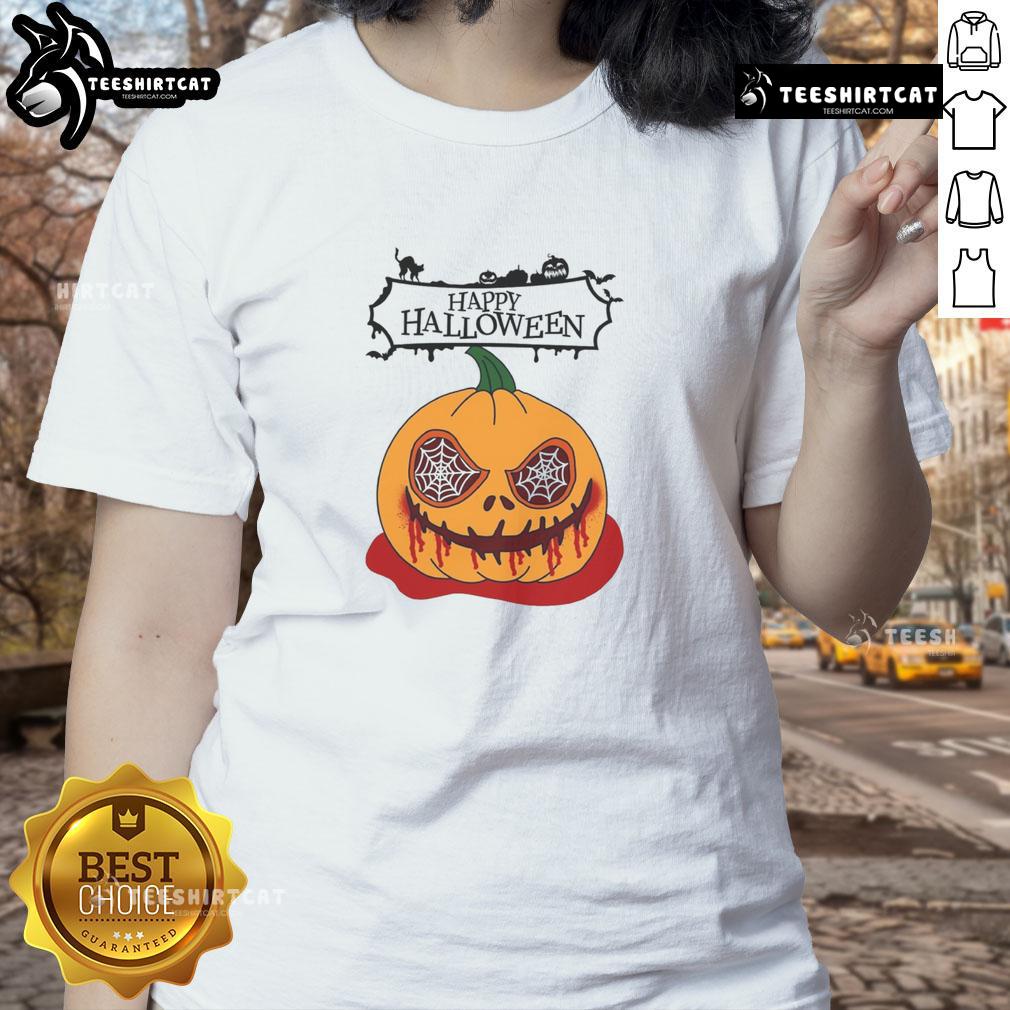 Happy Halloween scary pumpkin horror ladies tee featuring a vibrant pumpkin graphic perfect for spooky celebrations.