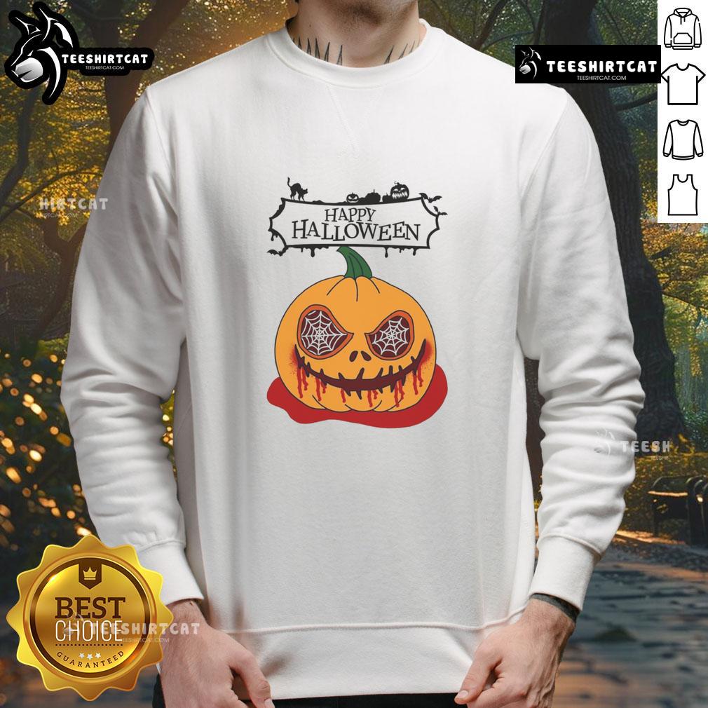 Happy Halloween Scary Pumpkin Horror Sweatshirt featuring a spooky pumpkin design for festive fall fashion.