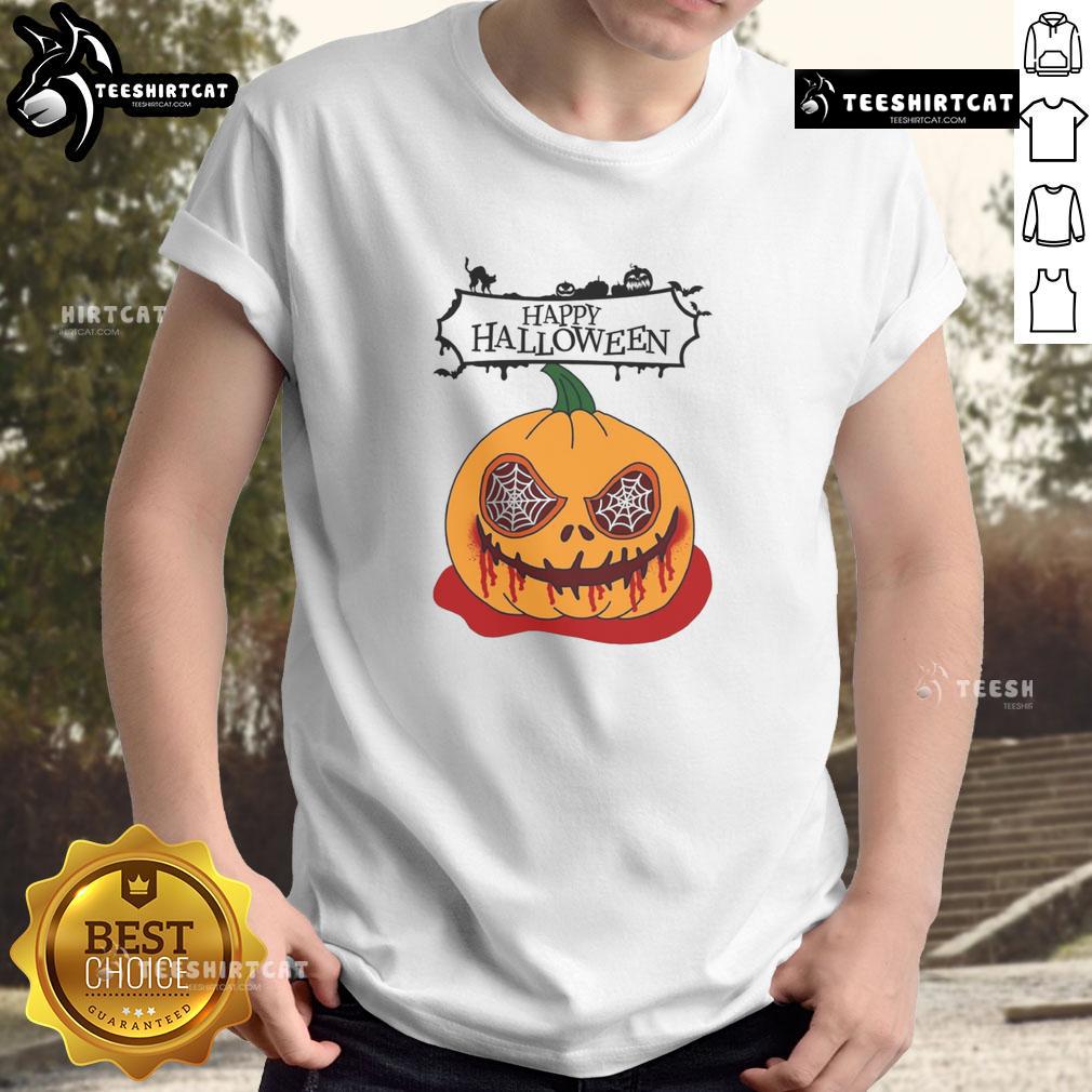 Happy Halloween scary pumpkin horror T-shirt featuring a spooky jack-o'-lantern design perfect for Halloween festivities.