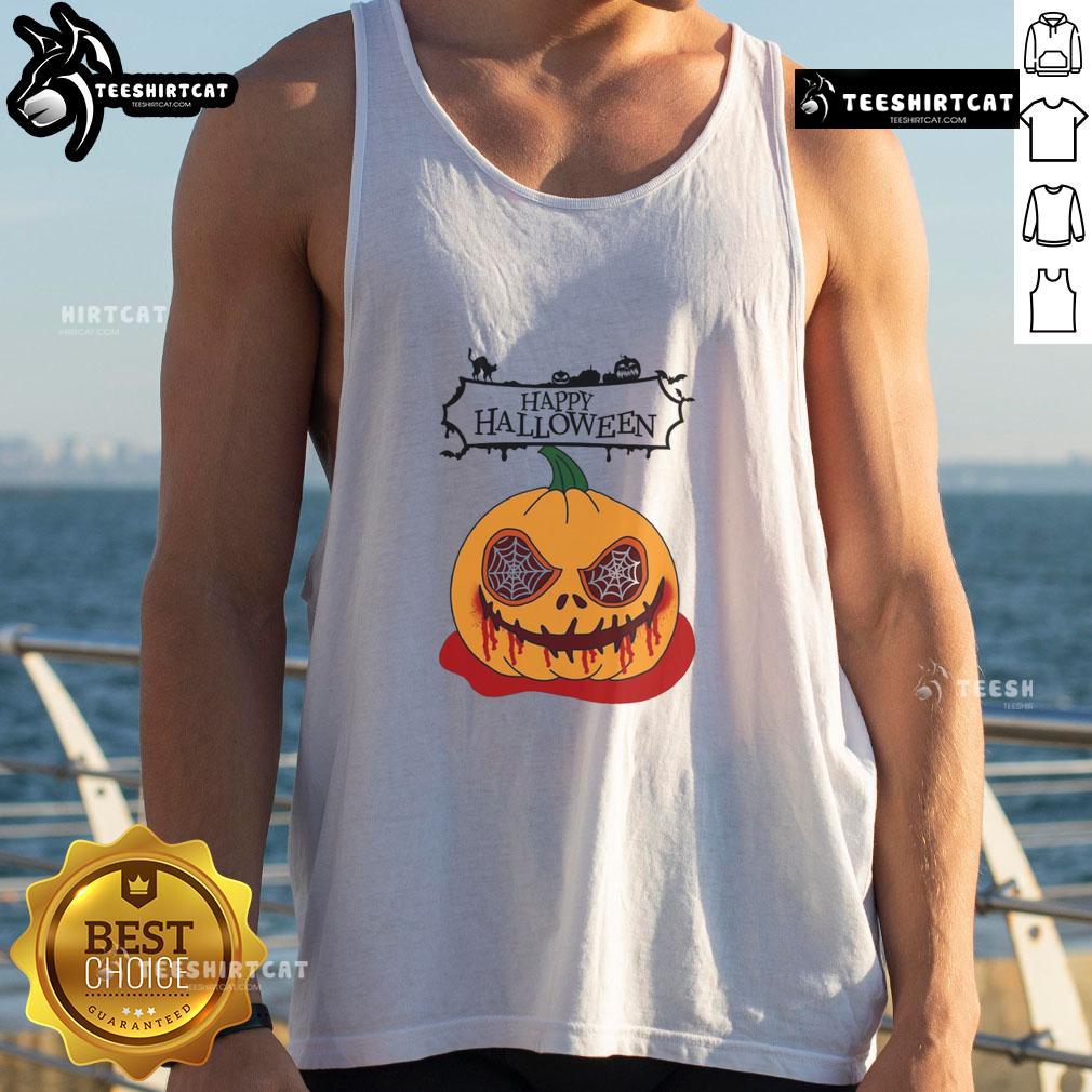 Alt Text: Happy Halloween scary pumpkin horror tank top featuring a spooky pumpkin design, perfect for festive celebrations.