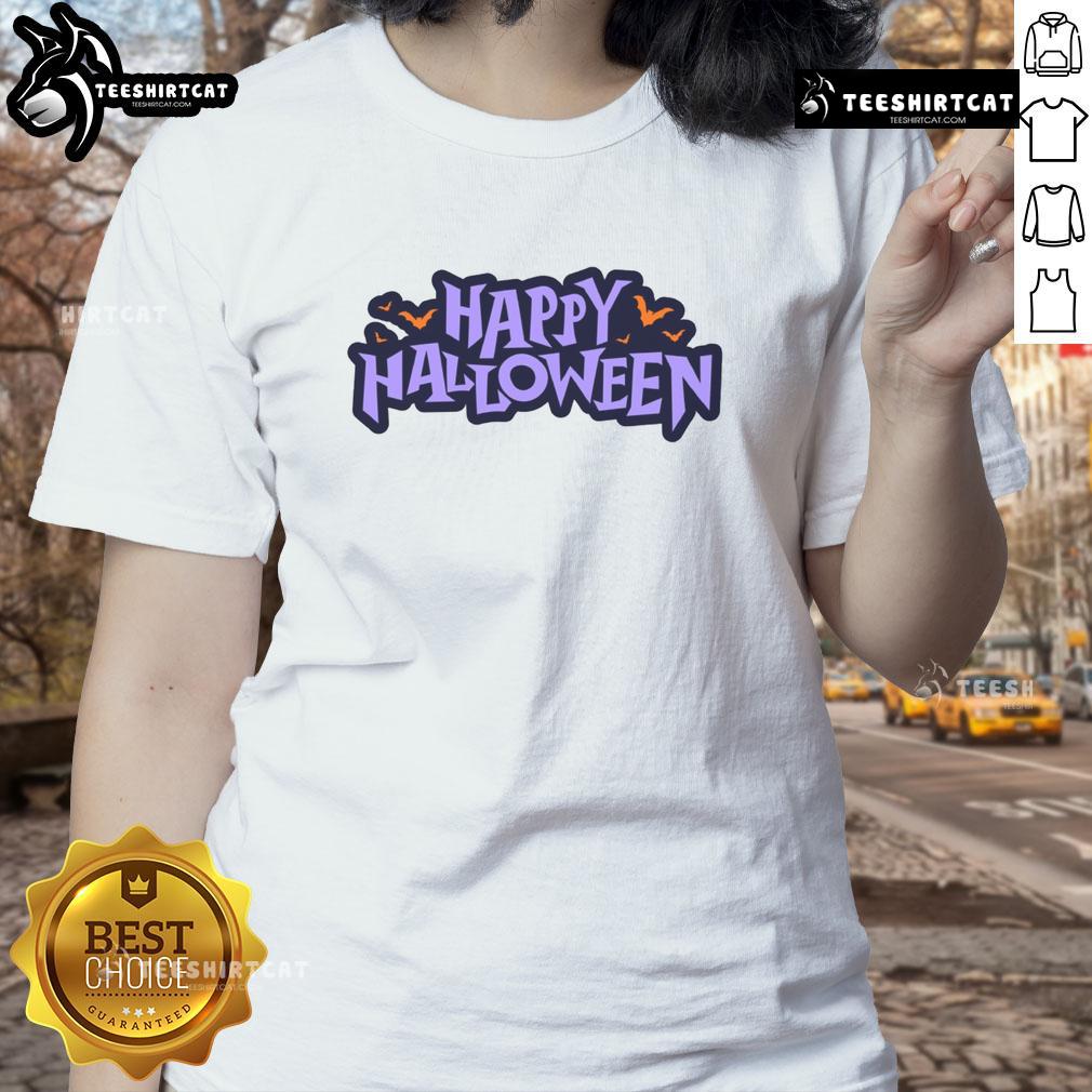 Happy Halloween spooky bats graphic on a stylish ladies tee, perfect for festive celebrations and Halloween parties.