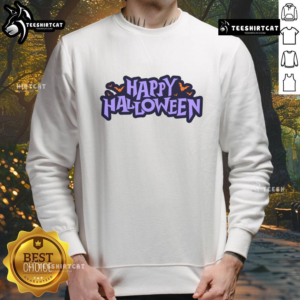 Happy Halloween spooky bats graphic sweatshirt featuring playful bat designs perfect for festive fall celebrations.