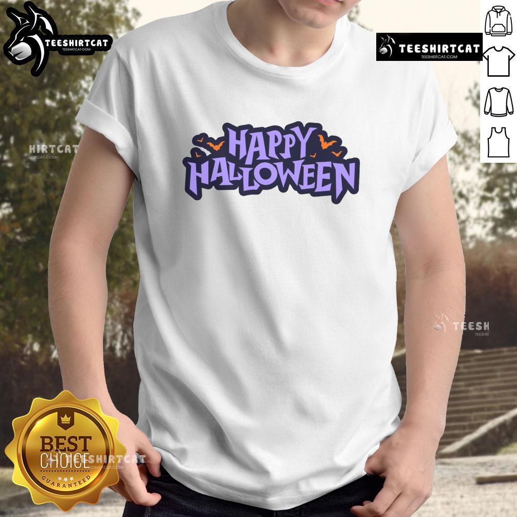Alt Text: Happy Halloween Spooky Bats Graphic T-Shirt featuring playful bat designs perfect for Halloween festivities.