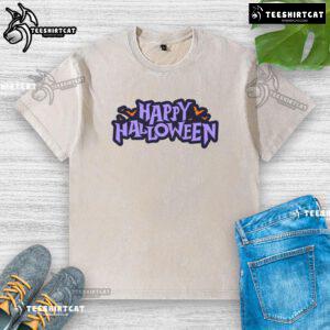Happy Halloween spooky bats graphic on a washed t-shirt, perfect for festive celebrations and autumn style.