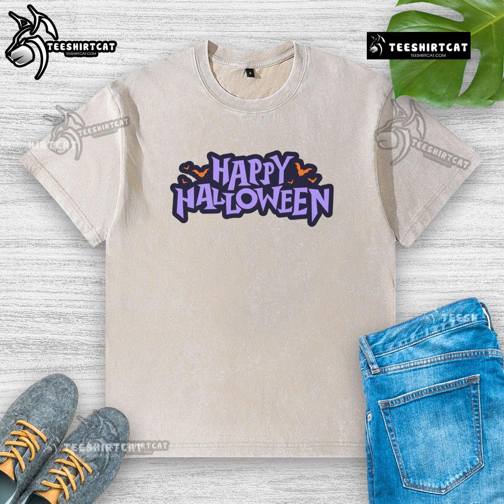 Happy Halloween spooky bats graphic on a washed t-shirt, perfect for festive celebrations and autumn style.