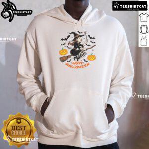 Happy Halloween hoodie featuring a witch flying on a broomstick, perfect for festive autumn celebrations.