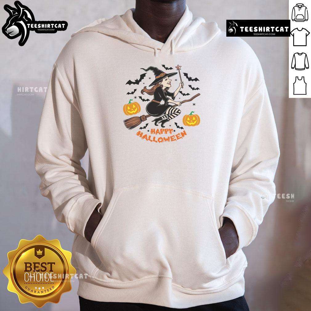 Happy Halloween hoodie featuring a witch flying on a broomstick, perfect for festive autumn celebrations.