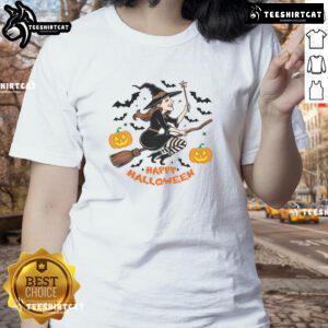 Happy Halloween! Witch flying on broomstick design for ladies tee, perfect for festive celebrations and spooky fun.
