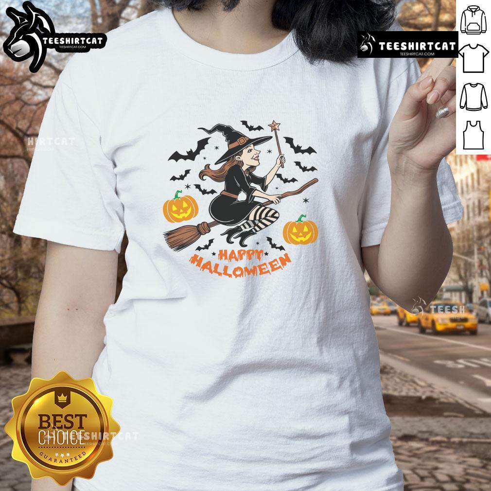 Happy Halloween! Witch flying on broomstick design for ladies tee, perfect for festive celebrations and spooky fun.