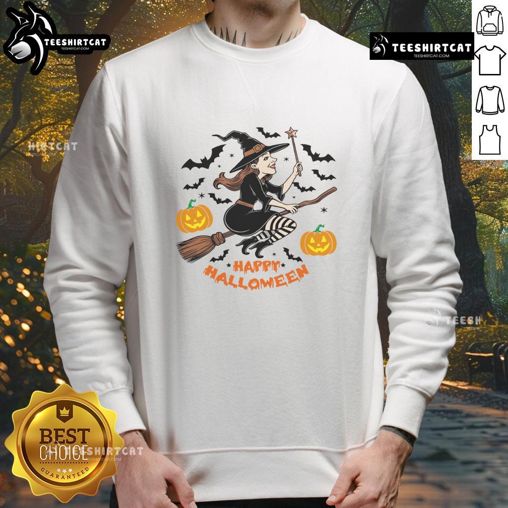 Happy Halloween sweatshirt featuring a cheerful witch flying on a broomstick against a spooky night sky.