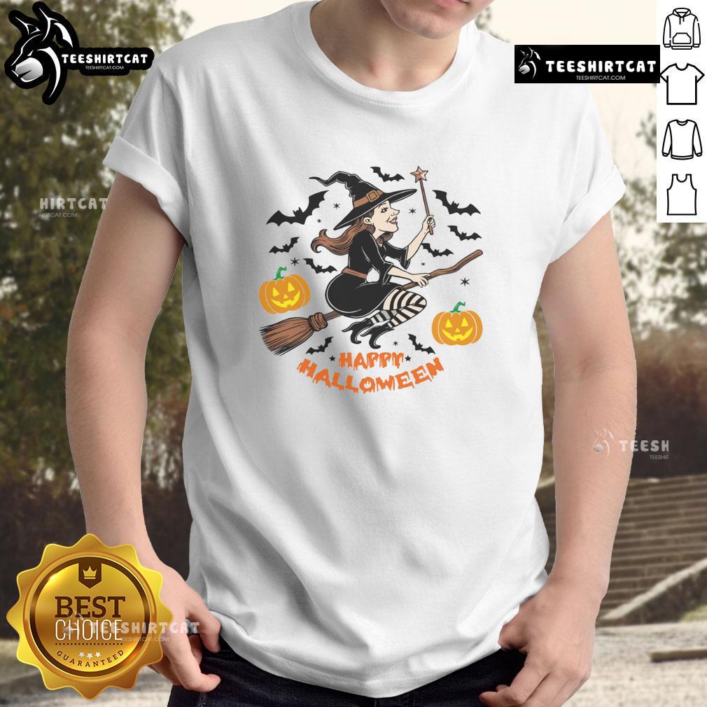 Happy Halloween witch flying on broomstick graphic t-shirt design perfect for spooky season celebrations.