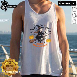 Happy Halloween witch flying on broomstick tank top design, perfect for spooky season celebrations and festive attire.