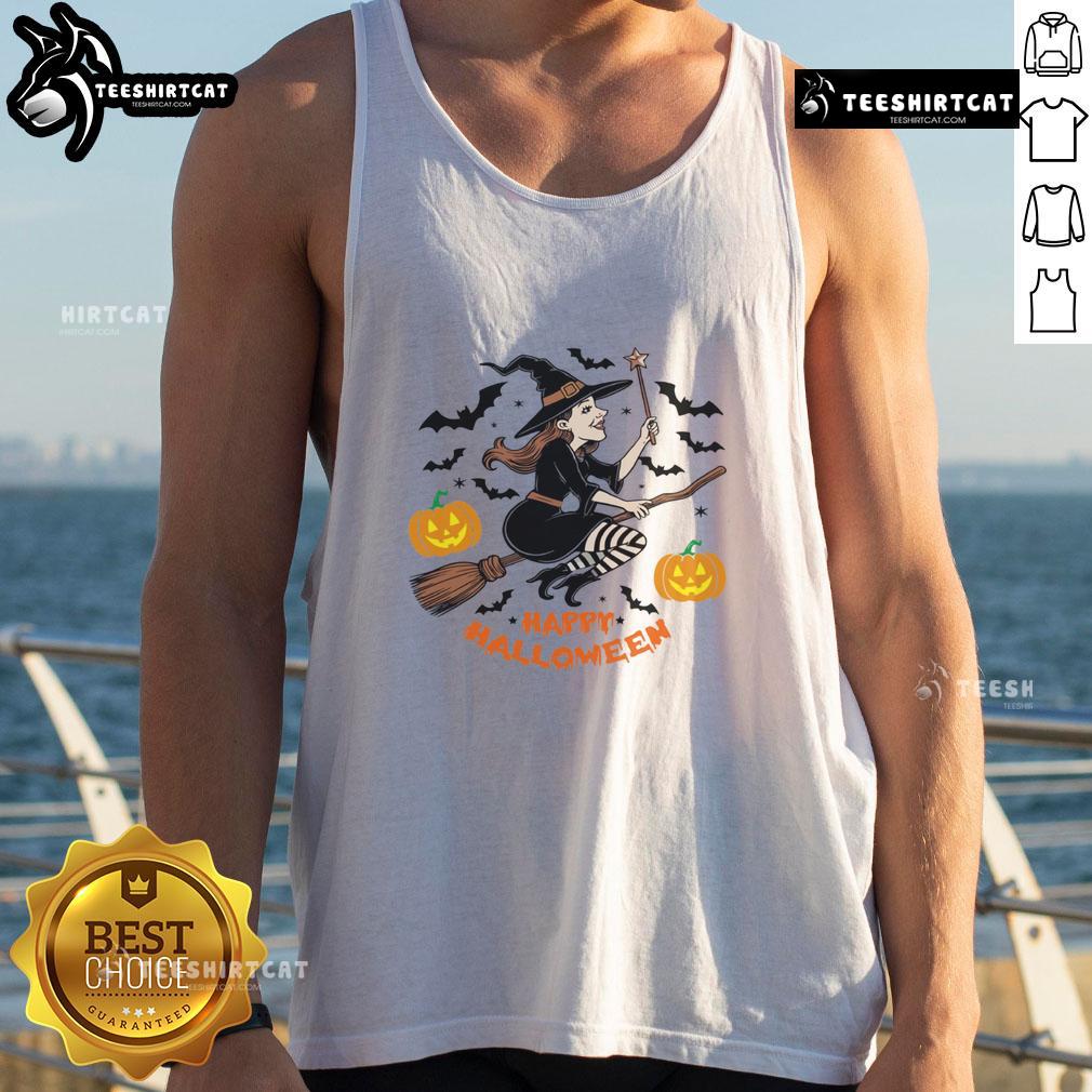 Happy Halloween witch flying on broomstick tank top design, perfect for spooky season celebrations and festive attire.