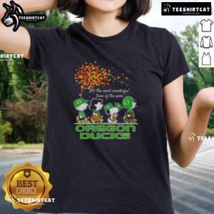 Alt Text: Happy Snoopy and friends in Oregon Ducks gear celebrating autumn in a festive ladies tee design.