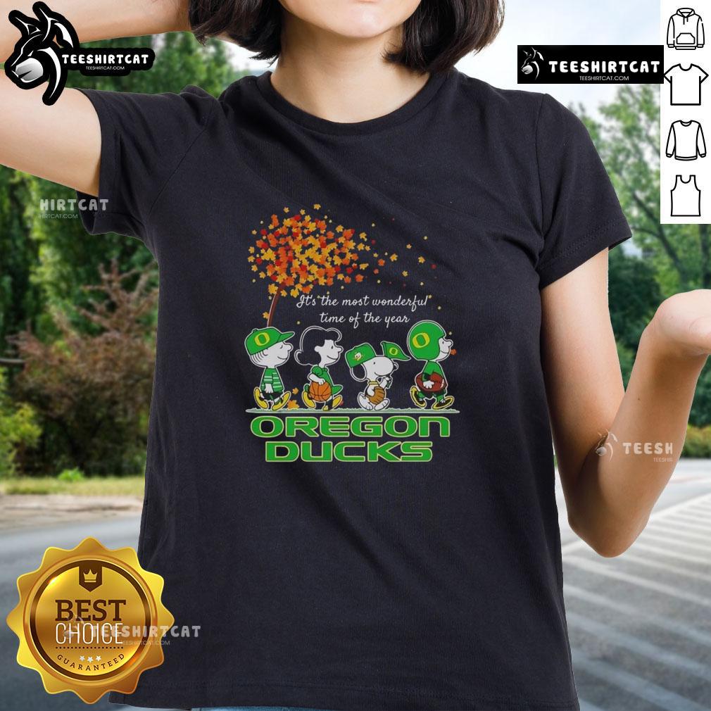 Alt Text: Happy Snoopy and friends in Oregon Ducks gear celebrating autumn in a festive ladies tee design.