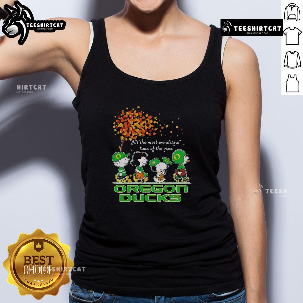 Alt Text: Happy Snoopy and friends in Oregon Ducks gear, celebrating autumn in a festive tank top for sports fans.