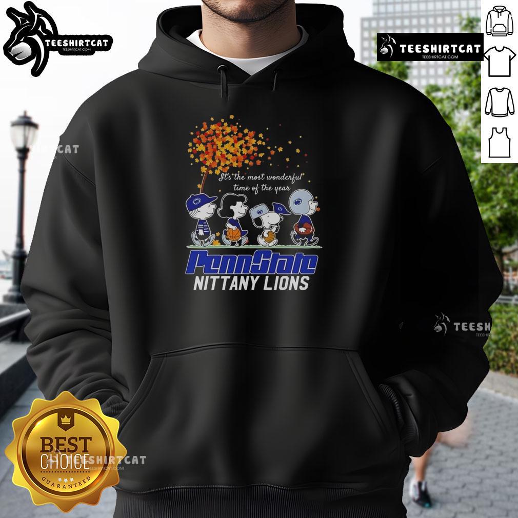 Alt Text: Happy Snoopy and friends wear Penn State Nittany Lions hoodies in autumn, celebrating the most wonderful time of the year.