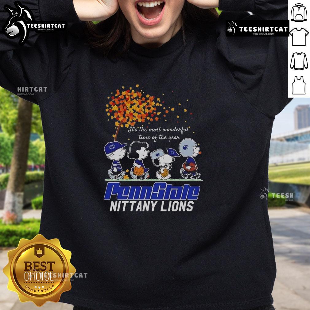 Alt Text: Happy Snoopy and friends in Penn State Nittany Lions sweatshirt celebrating autumn, perfect for the season's festivities.