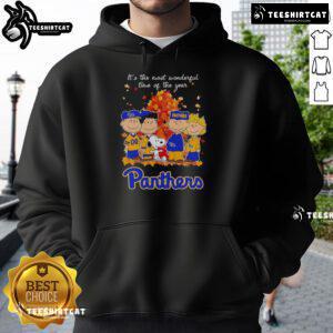 Alt Text: Happy Snoopy and friends in Pitt Panthers hoodie, celebrating autumn's most wonderful time of the year.