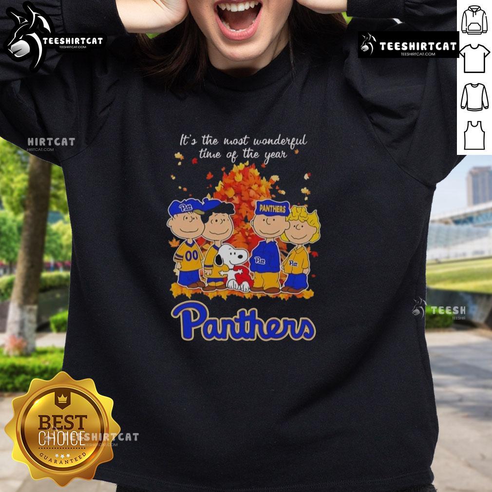 Alt Text: Happy Snoopy and friends wearing Pitt Panthers gear on an autumn sweatshirt, celebrating the most wonderful time of the year.