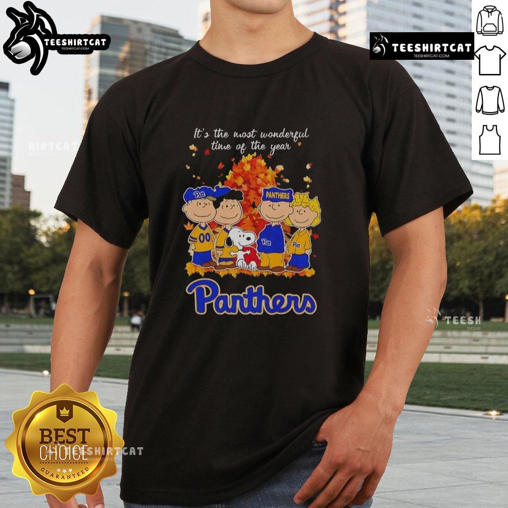 Happy Snoopy and Friends in Pitt Panthers autumn t-shirt, celebrating 'It's the Most Wonderful Time of the Year' season.