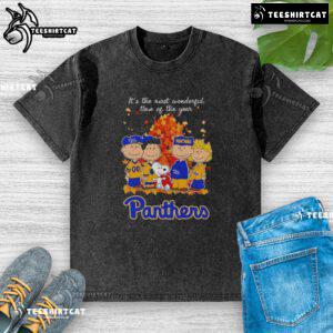 Happy Snoopy and friends on a Pitt Panthers autumn t-shirt, celebrating the most wonderful time of the year.