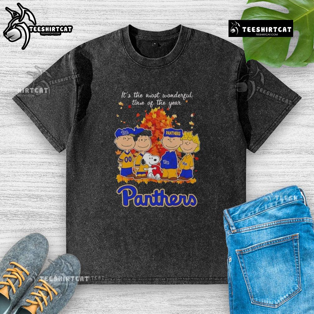Happy Snoopy and friends on a Pitt Panthers autumn t-shirt, celebrating the most wonderful time of the year.