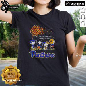 Happy Snoopy and friends wearing Pitt Panthers gear on an autumn ladies tee, celebrating the most wonderful time of the year.