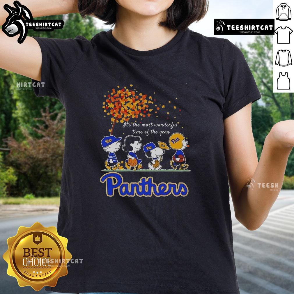 Happy Snoopy and friends wearing Pitt Panthers gear on an autumn ladies tee, celebrating the most wonderful time of the year.