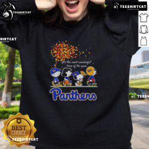 Happy Snoopy and friends in Pitt Panthers sweatshirt celebrating autumn, perfect for sports fans during the most wonderful time of the year.