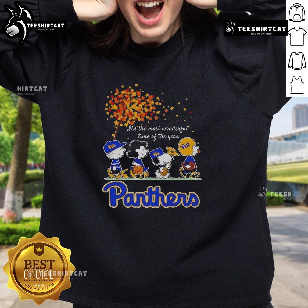 Happy Snoopy and friends in Pitt Panthers sweatshirt celebrating autumn, perfect for sports fans during the most wonderful time of the year.